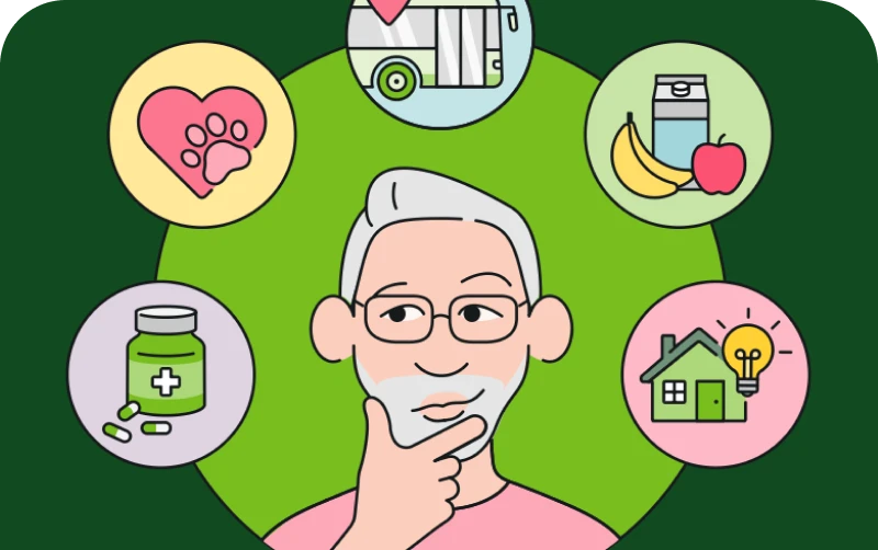 An illustrated person surrounded by icons representing health, pets, food, home, and transportation, set against a green background