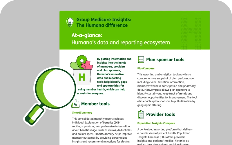 Infographic showing Humana’s Group Medicare data and reporting tools for members, plan sponsors, and providers.
