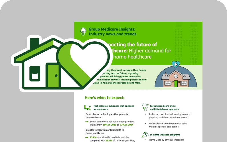 Home healthcare demand graphic: House and heart icons, industry news, trends, and future expectation