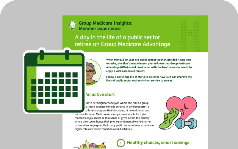  Infographic on “A Day in the life of a public sector retiree on group medicare advantage” Features beside on a graphic of a green calender