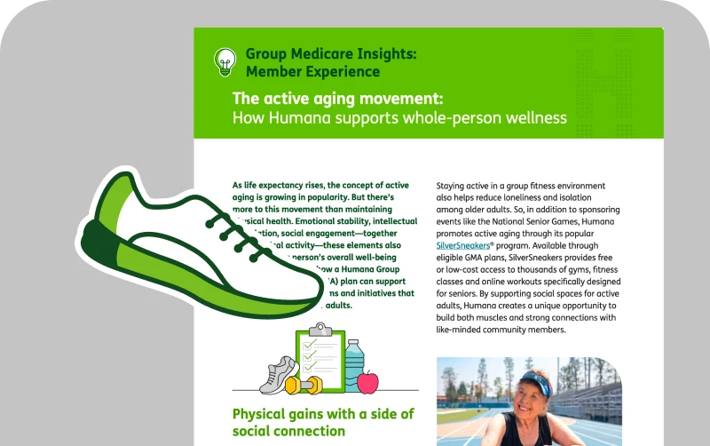 Pamphlet titled “The Active Aging Movement” with a sneaker graphic highlighting whole-person wellness.