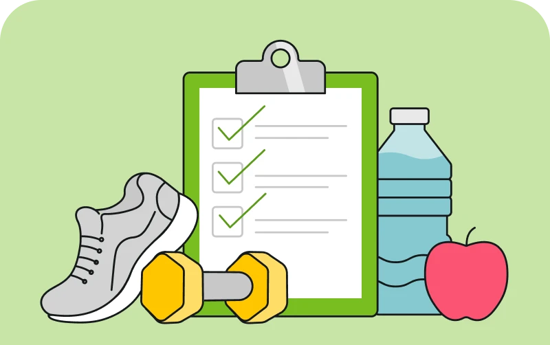 Wellness checklist with dumbbell, running shoe, water bottle, and apple.