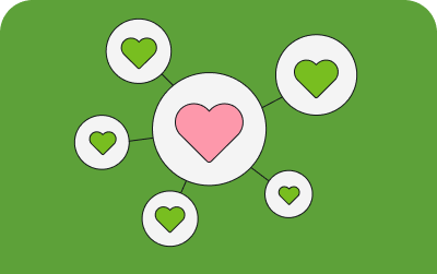 White circles with green hearts linked to a central pink heart on green background