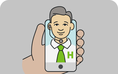 Hand holding phone showing male support agent with headset and green tie