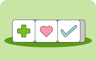 Three tiles with plus, heart, and check icons on a light green oval background