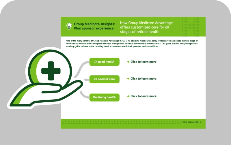 Infographic on Group Medicare Advantage, showcasing tailored care for varying stages of retiree health: good, in need of care, and declining health