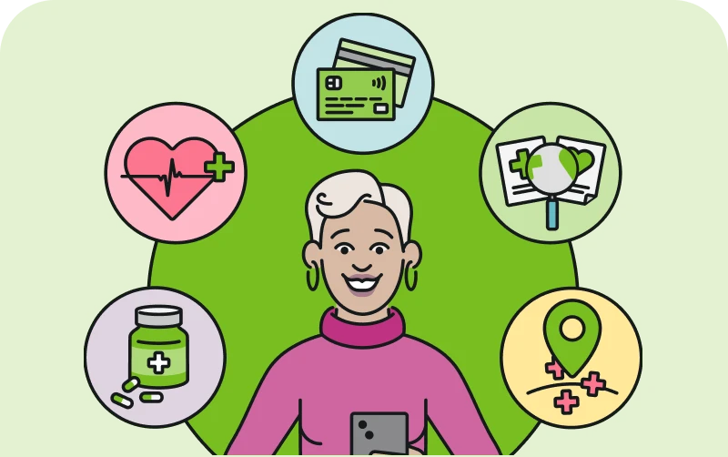 Person holding a smartphone with icons for health, finance, environment, and location services