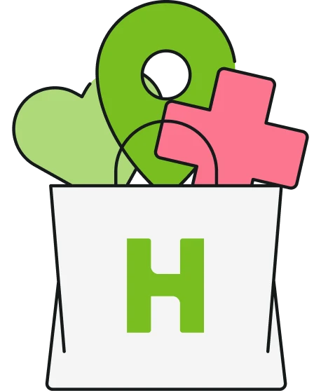 White bag icon with green heart, location pin, pink cross, and H logo.