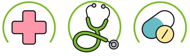 Three healthcare icons: a pink cross, a green stethoscope, and a pill with a blue and yellow capsule