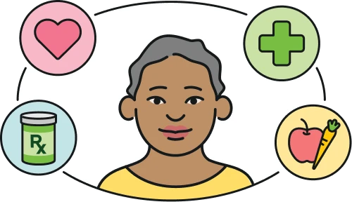 a person with health icons like a heart, medical cross, prescription bottle, and apple