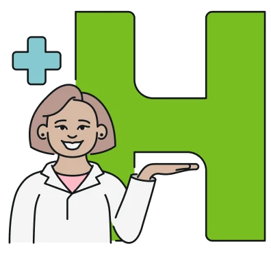 A smiling healthcare professional in a white lab coat gestures towards a large green “H”