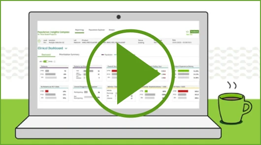 Screenshot of a dashboard on a laptop with a play button overlay and a coffee cup next to it