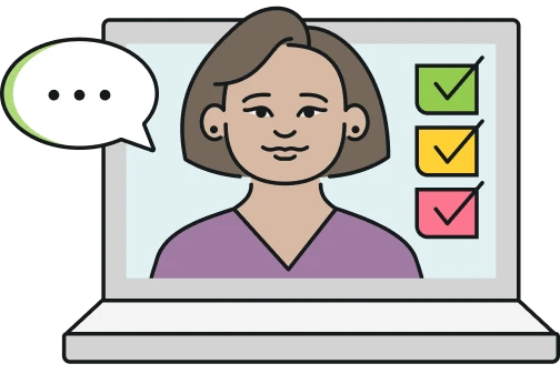 Person shown on laptop screen with checkmarks and a speech bubble
