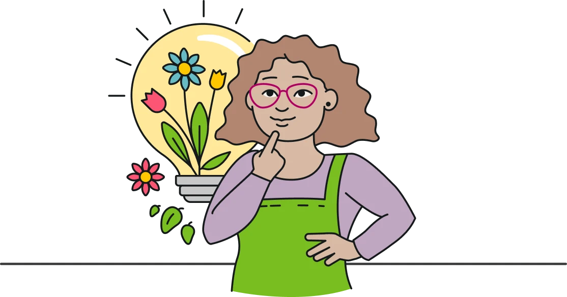 Woman thinking with a lightbulb full of flowers, representing creative eco-friendly ideas
