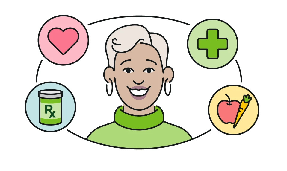Woman surrounded by health icons: heart, plus sign, pills, apple, carrot