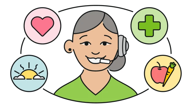 Illustration of a person with health icons like a heart, medical cross, prescription bottle & apple