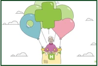 Elderly person in a balloon basket with a green health cross, floating in a cloudy sky