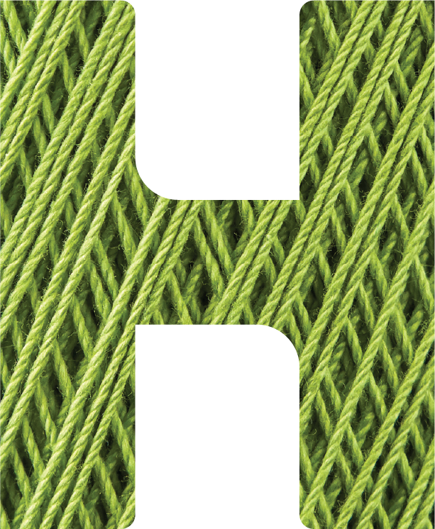 Text 'H' filled with green textured yarn