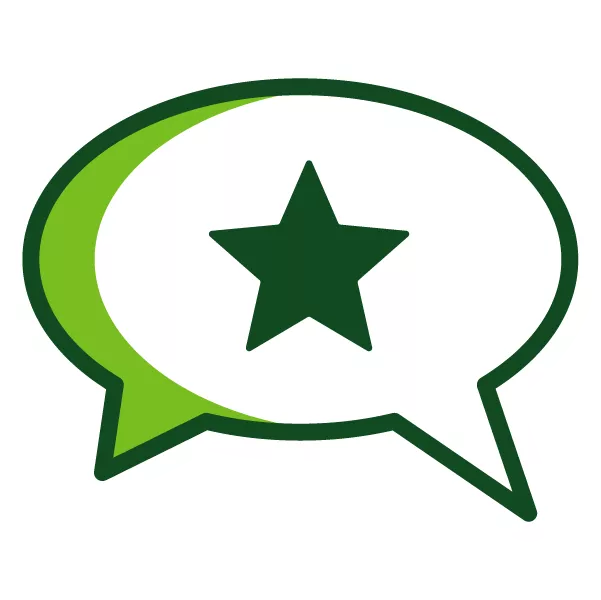 A bright green and white speech bubble icon with a dark green star inside