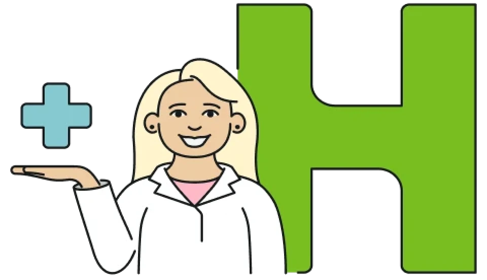 A smiling healthcare professional in a white lab coat gestures towards a large green 'H'
