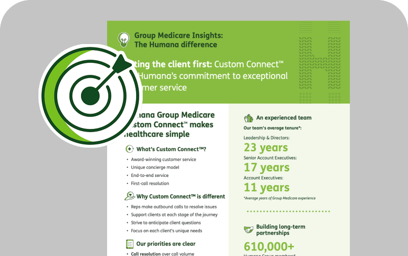 Infographic on  “ Putting the client first: custom connect and Humana’s commitment to exceptional customer service” Features beside on target with arrow hitting the bullseye