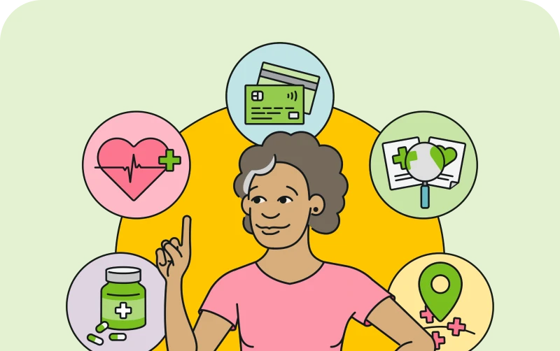 A person standing confidently, surrounded by icons representing health, finances, wellness, and location, symbolizing holistic well-being