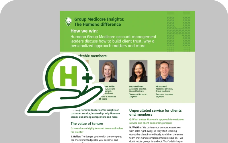 Infographic on “How we win” Features beside on a graphic of a green hand holding a circle with a green “H+” inside