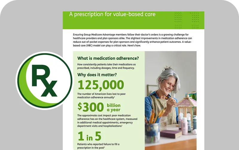 Informative flyer discussing medication adherence, featuring statistics on its impact on healthcare costs and patient outcomes with artist painting birdhouse in colorful, creative workspace.